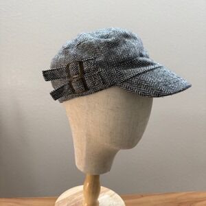 Military Cadet Style Wool Blend Herringbone Double Buckle Cap Hat One Size